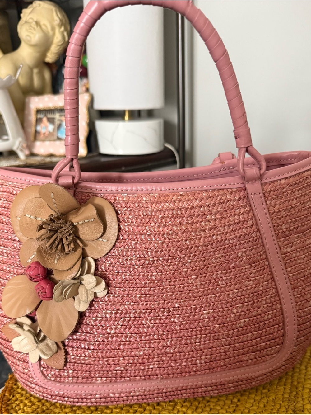 Cole Haan Pink Woven Tote with Floral Leather Appliqués